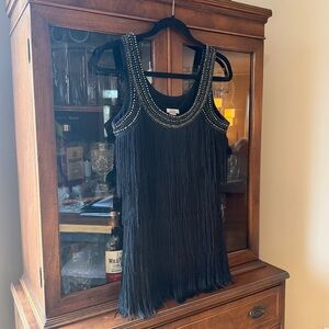 Cache Fringe Embellished Jewel Sleeveless Great Gatsby 20’s Top Blouse Black